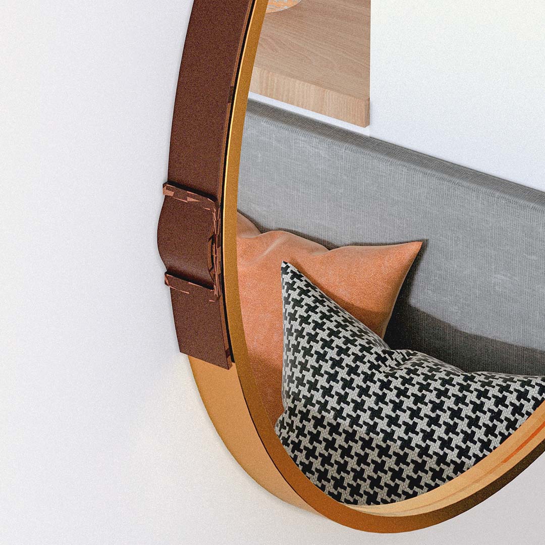 Circular Mirror With Leather strap Leather covered border